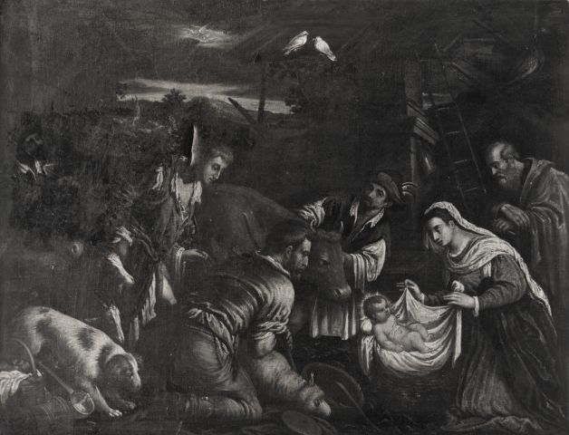 A. C. Cooper — J. Bassano. Adoration of the Sheperds, the Holy Family on the right beside a stable — insieme